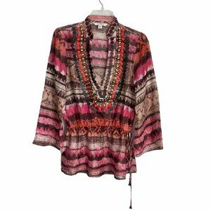 Boston Proper Multicolor Embellished Beaded Tie Waist Sheer Top